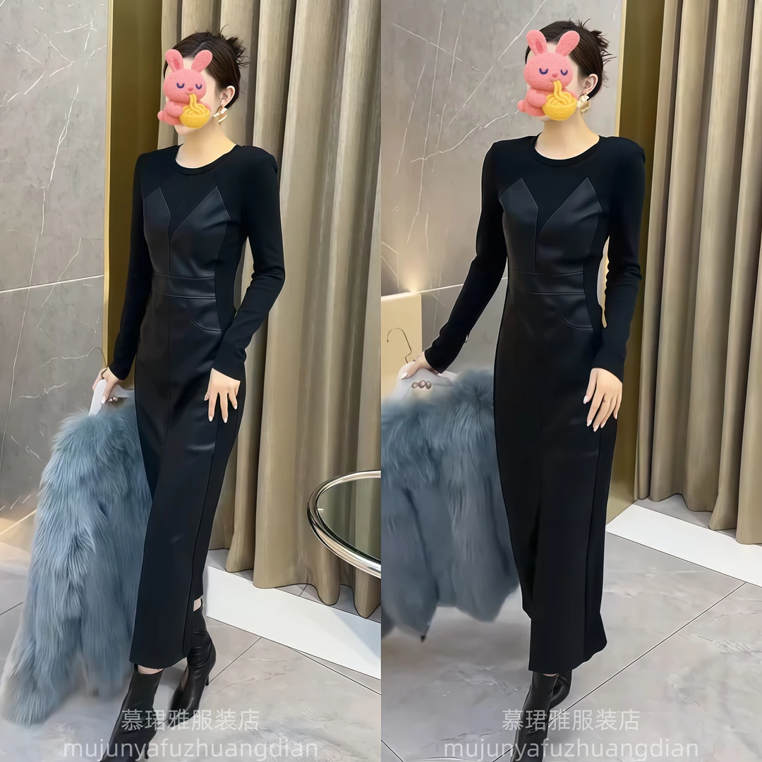 爆款时尚连衣裙女2025早春新款女人味拼接显瘦中长款开叉皮裙