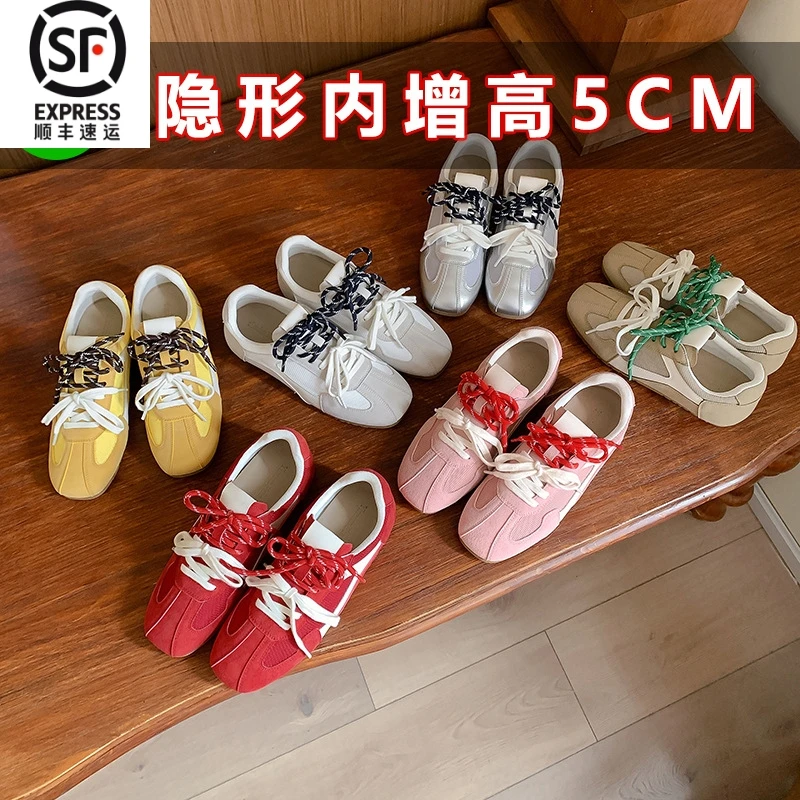 复古红色德训鞋女2025早春新款真皮方头板鞋百搭平底阿甘鞋休闲鞋