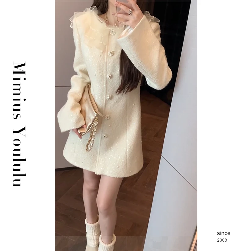 【mimius】&游鹿鹿 高奢线～羊 毛小香亮片连衣裙（领子可拆)F09190-1