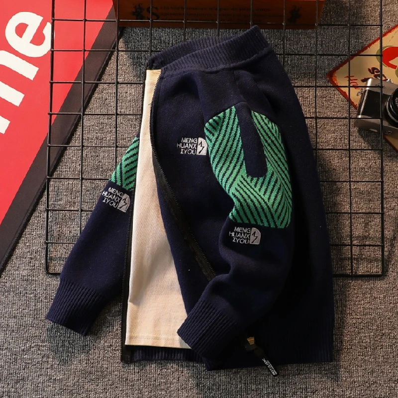 男童条纹运动毛衣新款春秋装外套儿童针织开衫学生中大童加绒加厚