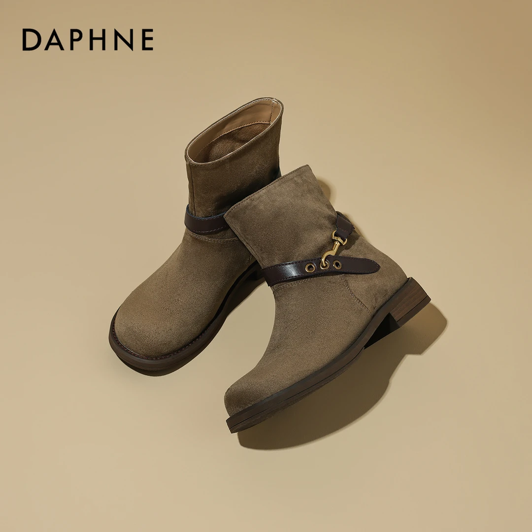 达芙妮新款英伦风复古短靴女2025秋季百搭西部牛仔靴粗跟马丁靴子