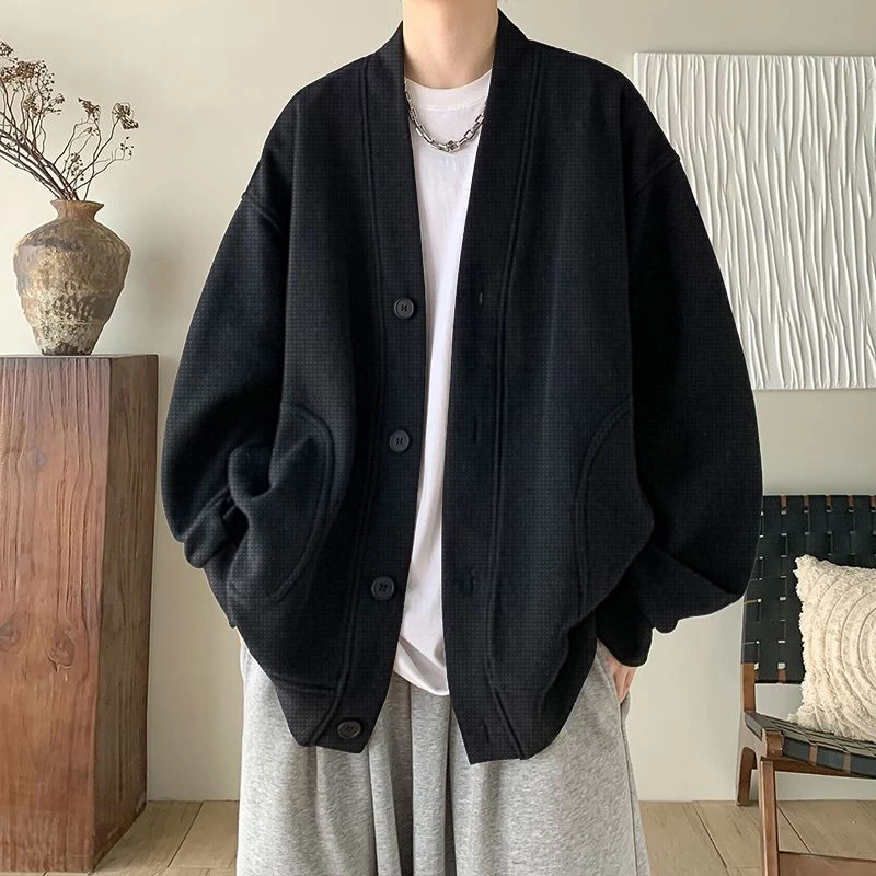 纯黑色日系慵懒风外套男潮高级感华夫格V领帅气开衫情侣春秋夹克