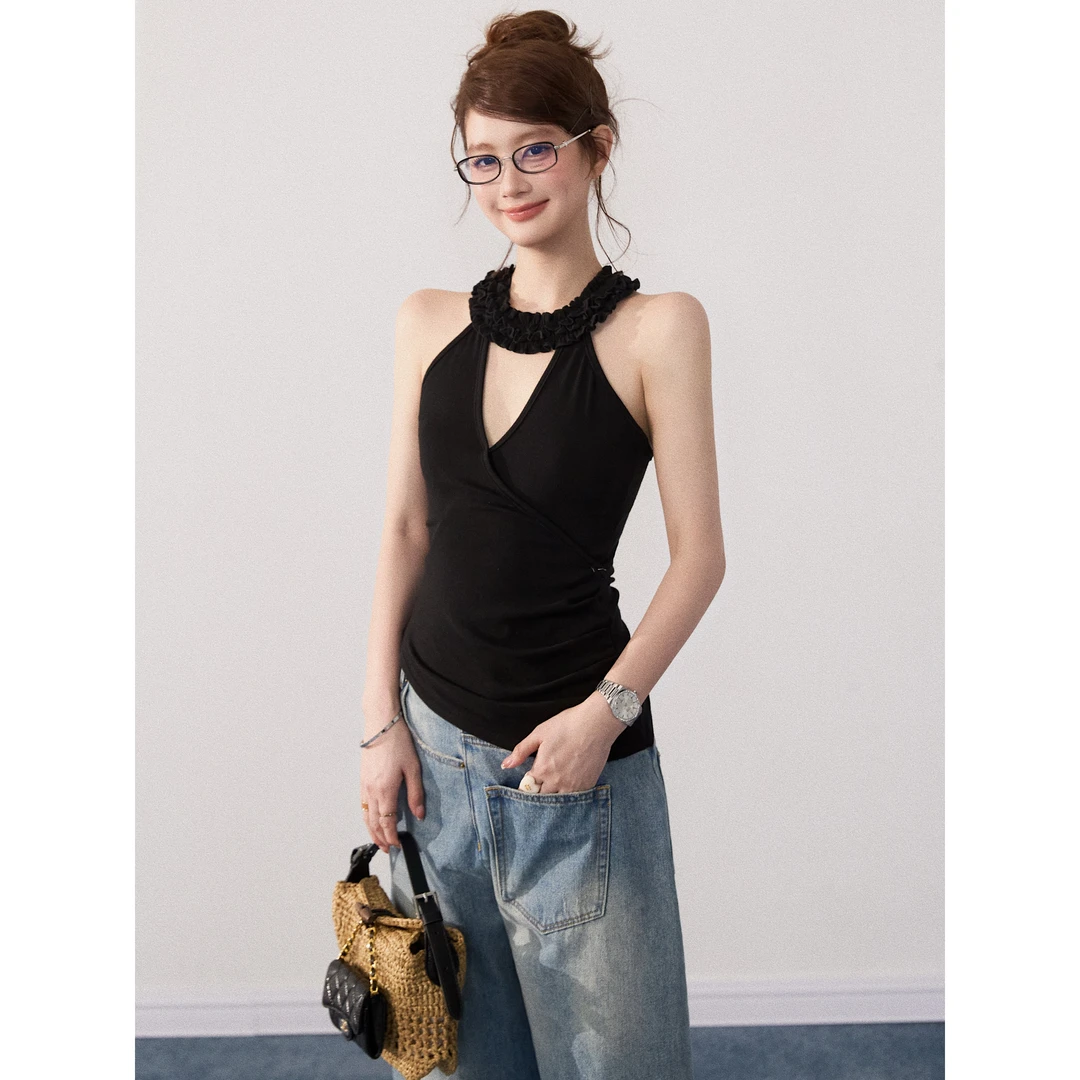 【谢不肉】挂脖木耳边设计感V领无袖背心女秋休闲韩系时尚上衣50173