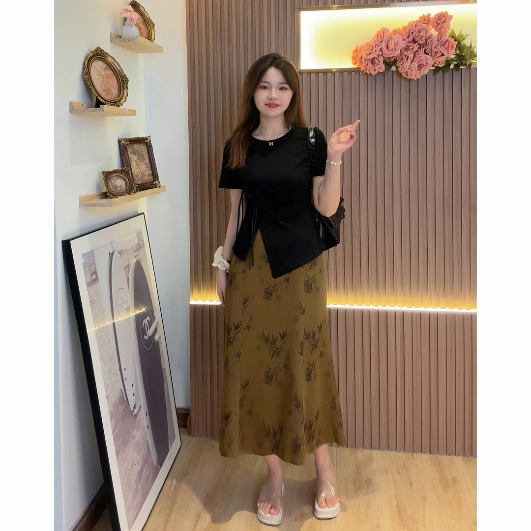 仅半裙【安镜】HLY3044夏季新款哑光缎面黑金竹叶纹半身裙