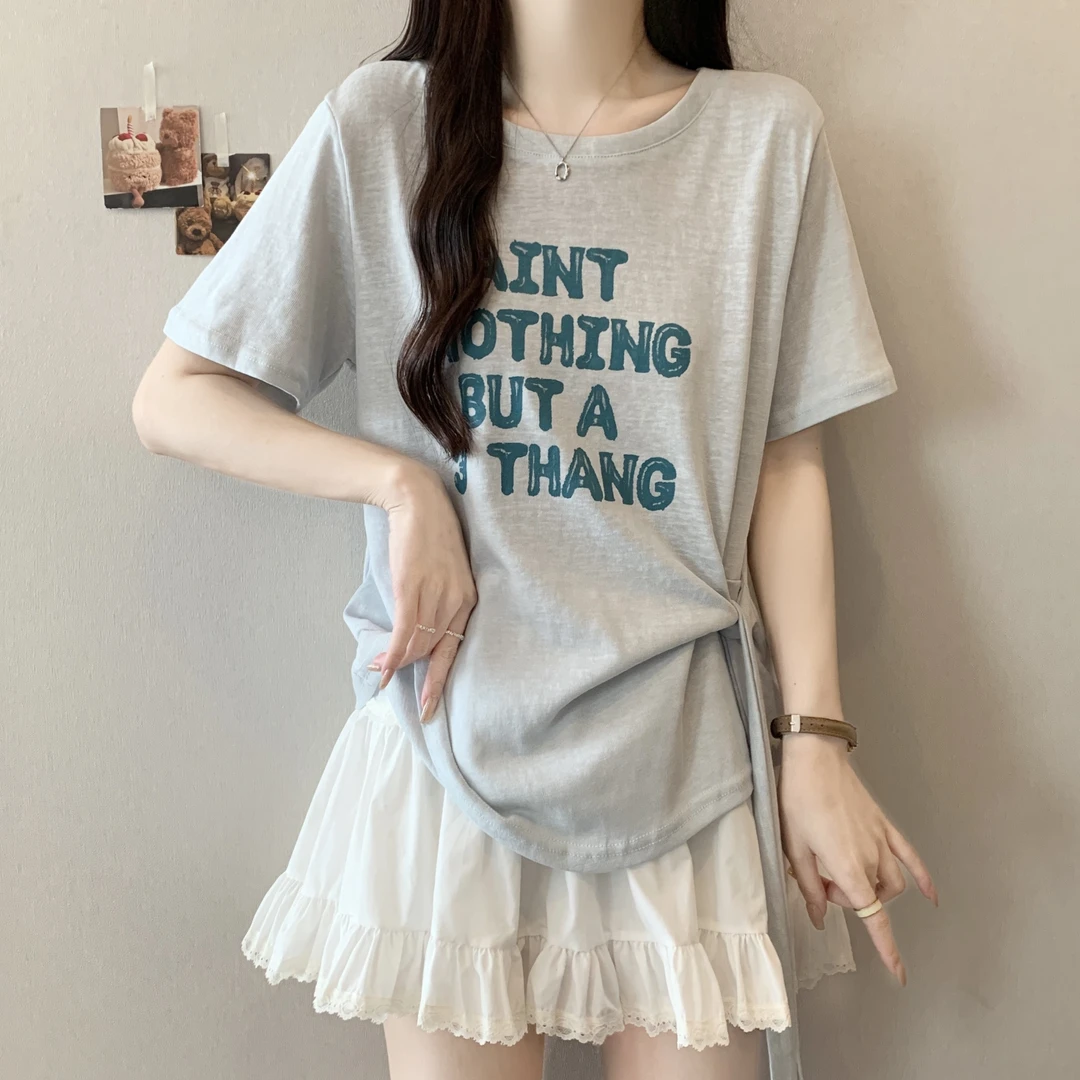 纯欲慵懒风女装2025夏季新款字母印花绑带短袖t恤女宽松系带上衣