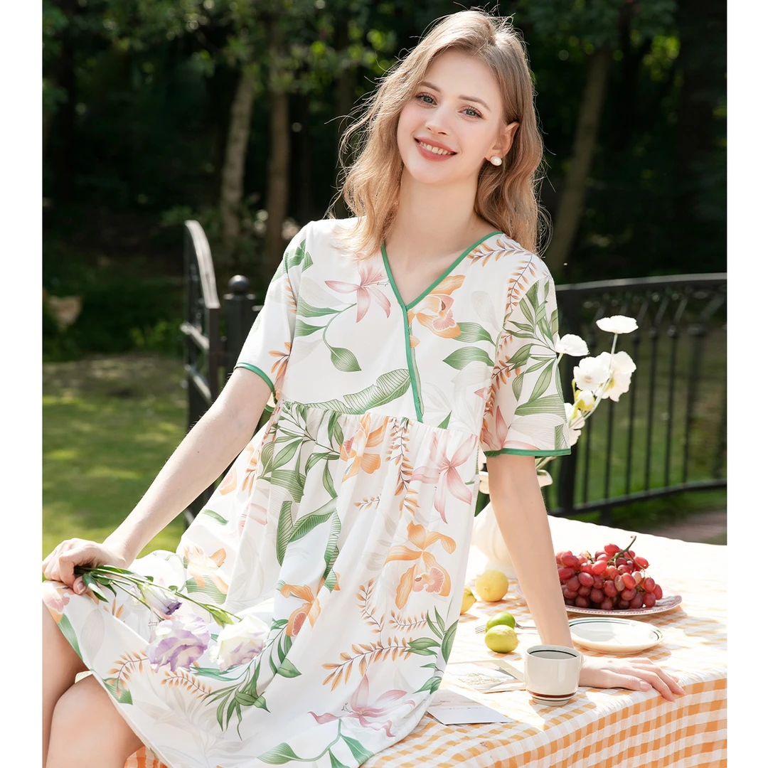 芬腾【纯棉】夏季气质V领浪漫花卉中长裙短袖家居服女睡裙