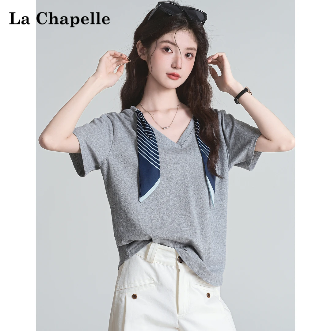 拉夏贝尔韩系2025夏季新款高级感百搭领带V领短袖T恤女宽松上衣潮