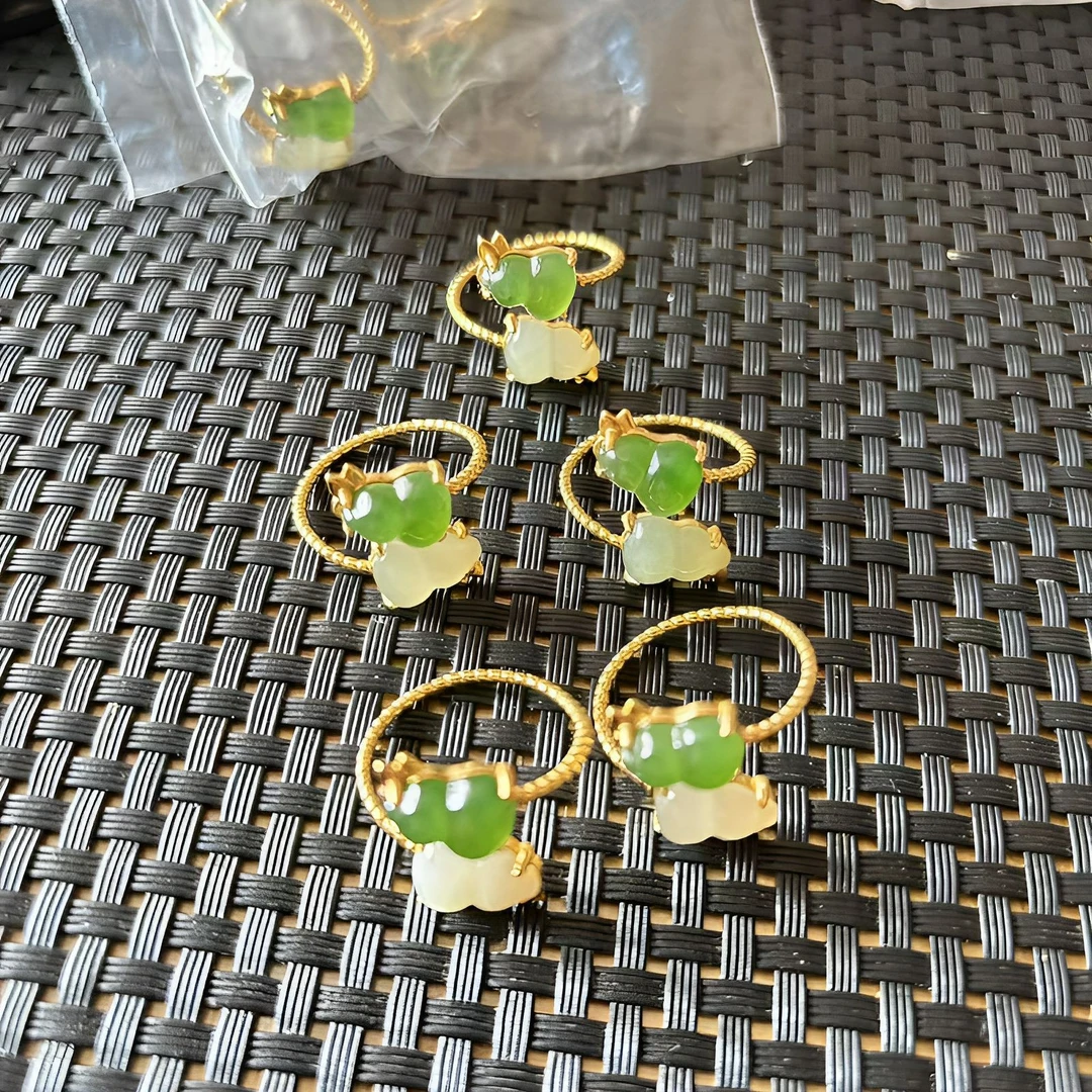 和田玉双葫芦戒指S925银镶开口戒指简约款（多样性发货）