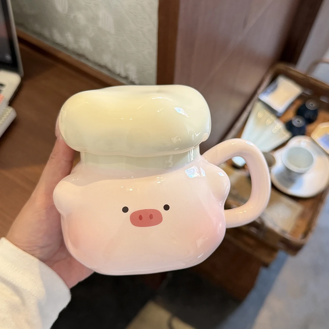 厨师小猪马克杯带盖勺稀奇古怪杯子陶瓷小众喝水杯送女生生日礼物