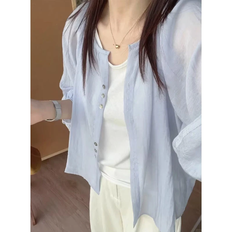 新店福利亚麻防晒衬衫外套女薄夏季天小开衫外搭宽松长袖纯棉衬衣