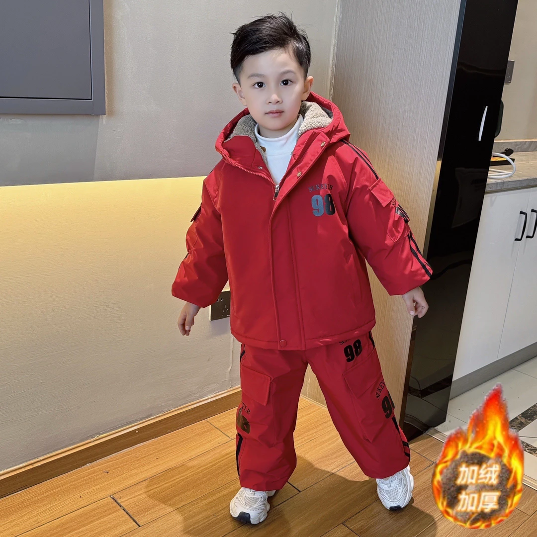 男童加绒加厚套装儿童拜年服小男孩秋冬季冬装棉衣棉服套装