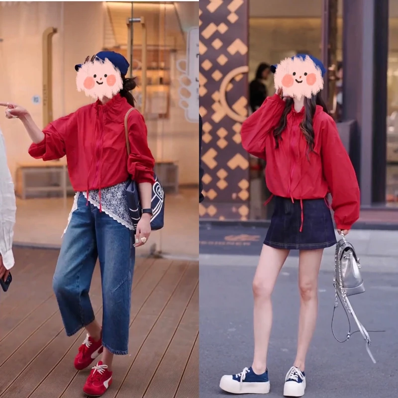 2025新款韩版纯色宽松抽绳显瘦上衣春夏防晒衣牛仔裤套装