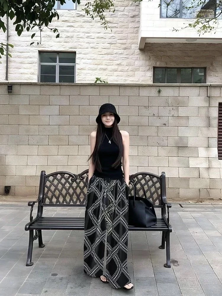 【几何裤】老钱风慵懒阔腿长裤垂感仿亚麻休闲裤法式气质高腰拖地裤