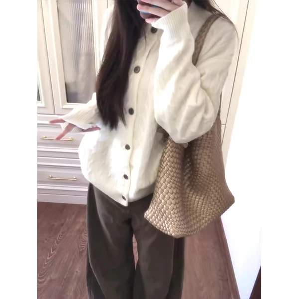 美式复古软糯针织开衫女春秋冬宽松慵懒风休闲毛衣外套裤子套装