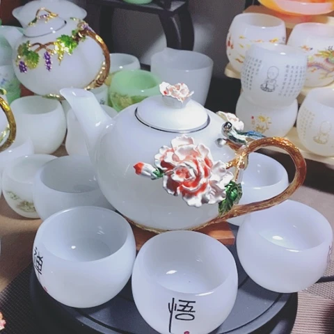 羊脂玉瓷琉璃中式珐琅彩花开富贵一壶六杯礼盒套装