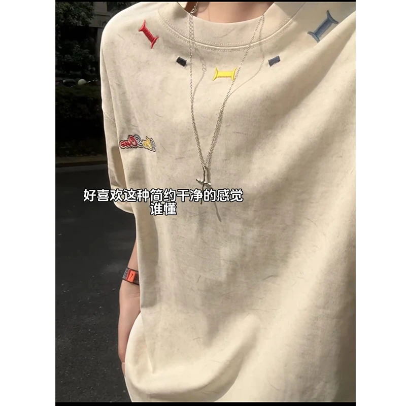 重磅刺绣T恤短袖男款夏季冰丝凉感美式复古潮流宽松半袖体恤上衣