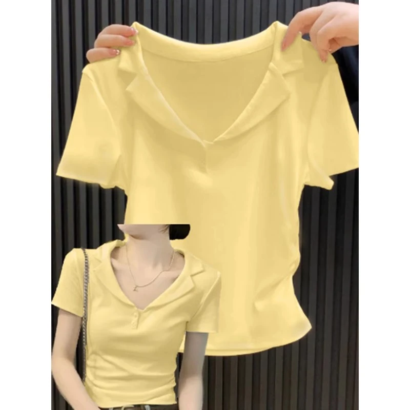 chic甜辣翻领Polo衫短袖T恤女夏季韩版修身内搭打底衫短款上衣潮