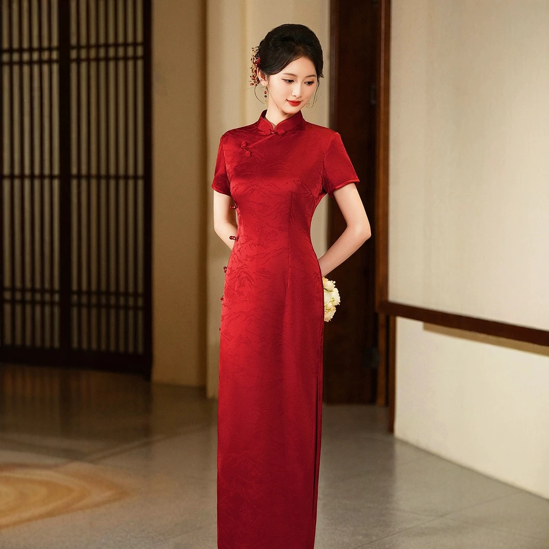 夏季长款旗袍人丝舒适透气面料喜婆婆婚宴敬酒服高考升学妈妈旗HQ