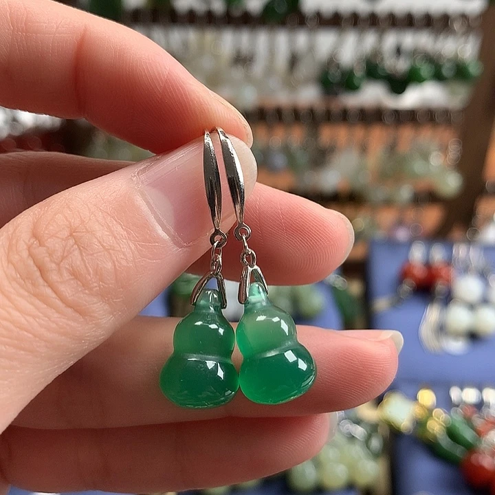 玛瑙/玉髓银S925镶嵌耳环葫芦