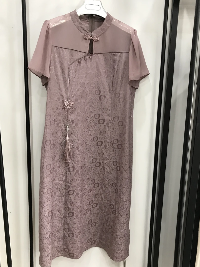 国风连衣裙立领套头中长裙夏季优雅气质侧拉链高腰