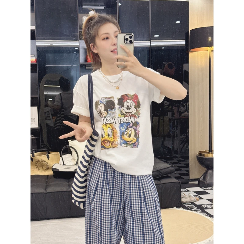 【油画米奇】夏季ins宽松纯棉短袖t恤2025新款直喷女卡通百搭Z011