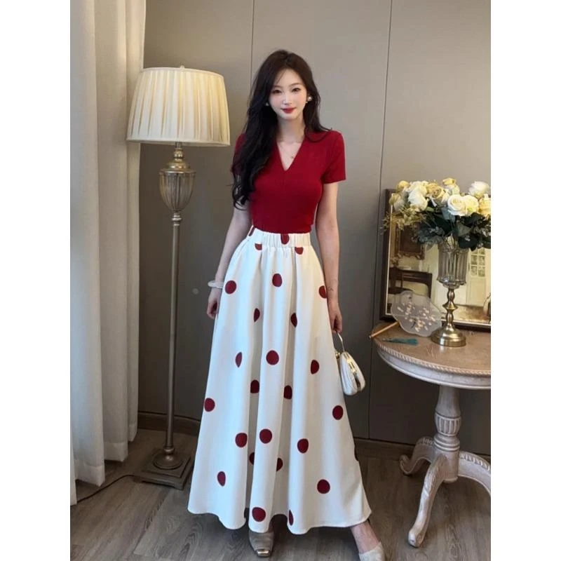 韩系纯欲V领修身显白短袖上衣2025新款夏季高腰波点半身裙