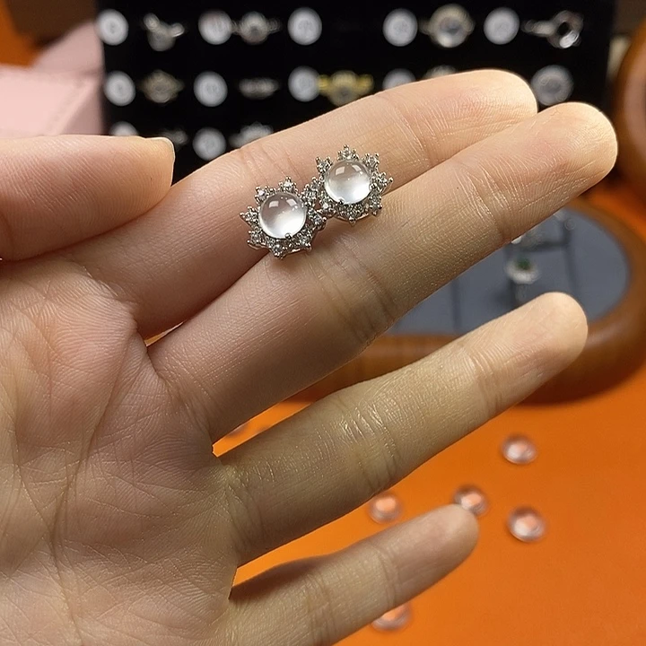石英质玉银S925镶嵌耳钉