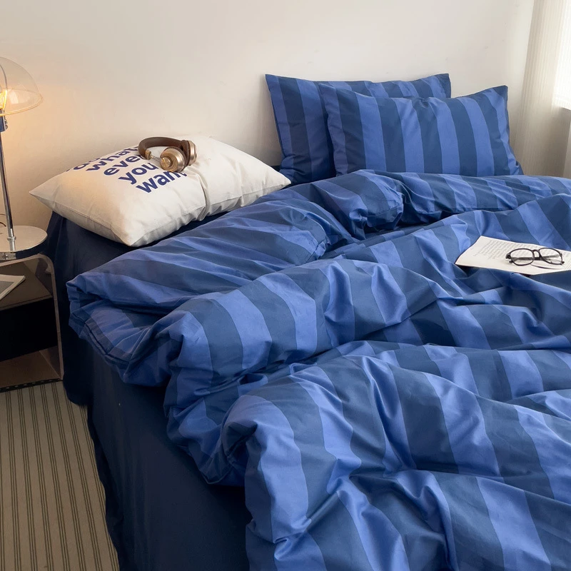 纯棉北欧条纹四件套ins混搭三件套被套小清新博主风全棉简约宿舍