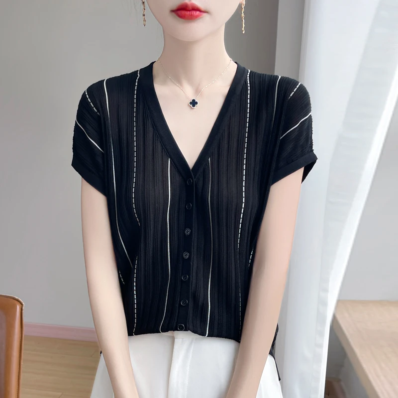 夏季新款100%莱赛尔天丝竖条纹短袖时尚百搭洋气V领上衣74332