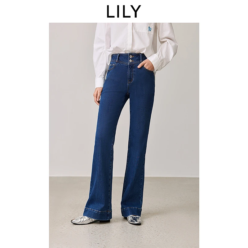 LILY2025春新款女装复古休闲修身高腰微喇蓝色牛仔裤125109GJ901