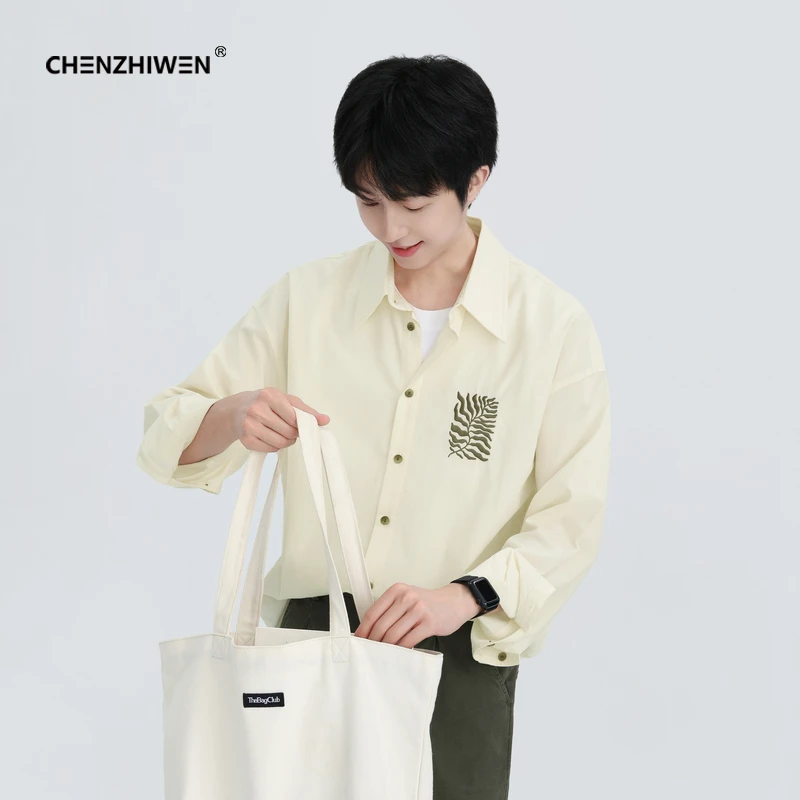 陈智文春季新款奶黄色高级设计师宽松休闲衬衣天丝刺绣长袖衬衫男