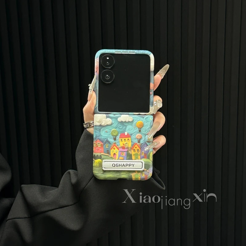 适用小米mixflip折叠油画风小镇手机壳vivo可爱创意超薄华为oppo