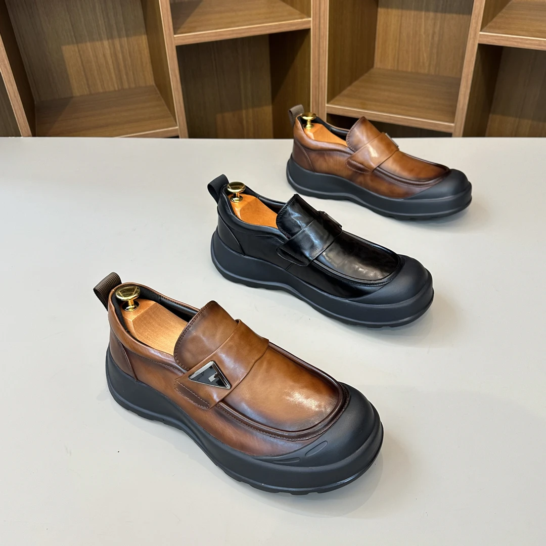 一脚蹬圆头厚底轻便系带休闲皮鞋时尚英伦风男鞋