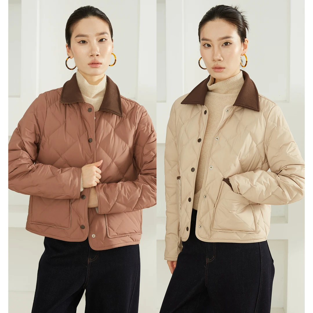 SILVIYE90白鹅绒双面穿翻领短款羽绒服女2025冬鹅绒服外套YR52030