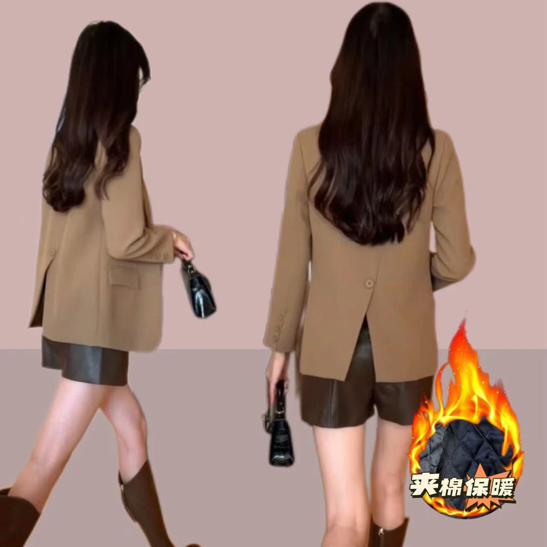 加厚西装外套女2025新款休闲设计感小众修身开叉小个子气质小西服