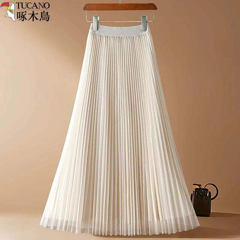 啄木鸟高腰网纱百褶半身裙女装新款中长款洋气显瘦两面穿仙女纱裙