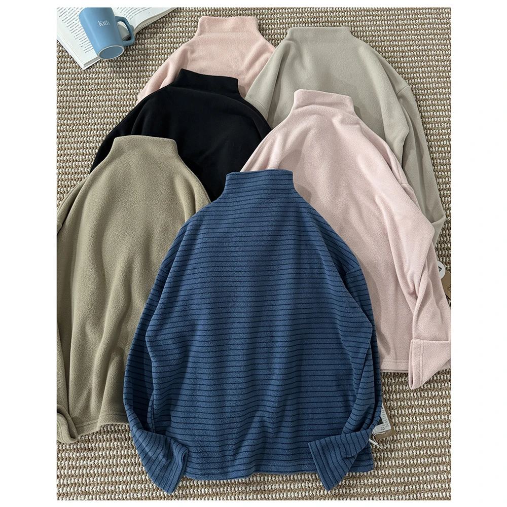 T601  秋冬新款女士宽松高领长袖条纹T恤开叉下摆打底衫