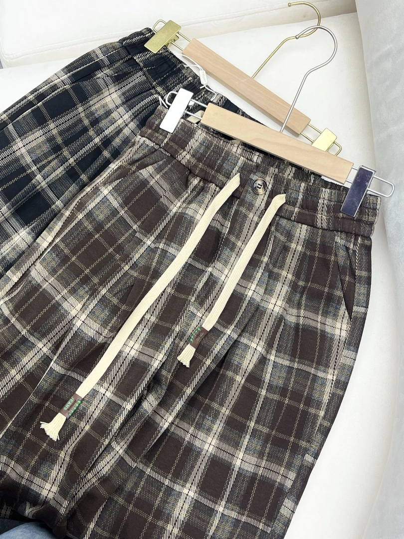 复古格子阔腿裤女春秋2025新款慵懒风垂感宽松直筒休闲裤K896