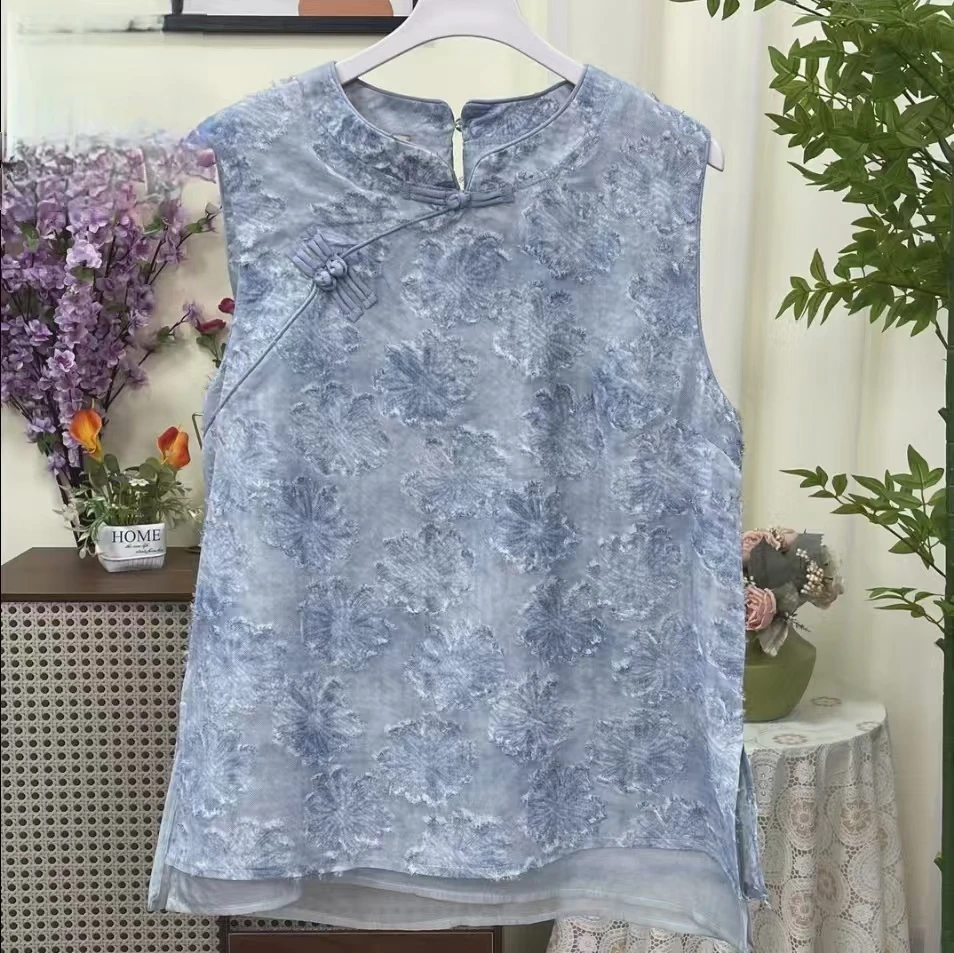 2025夏季新中式时尚无袖上衣江南风国风中国风盘扣领斜门襟女装