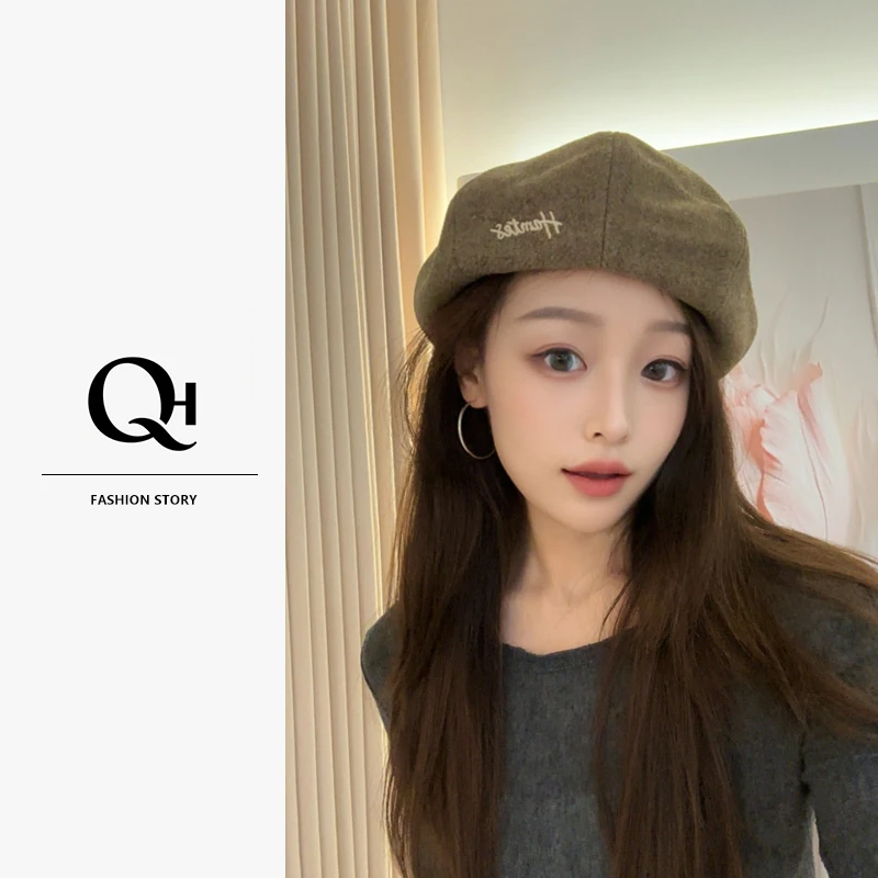 复古英伦纯色字母刺绣显脸小复古画家帽子女秋冬季毛呢八角贝雷帽