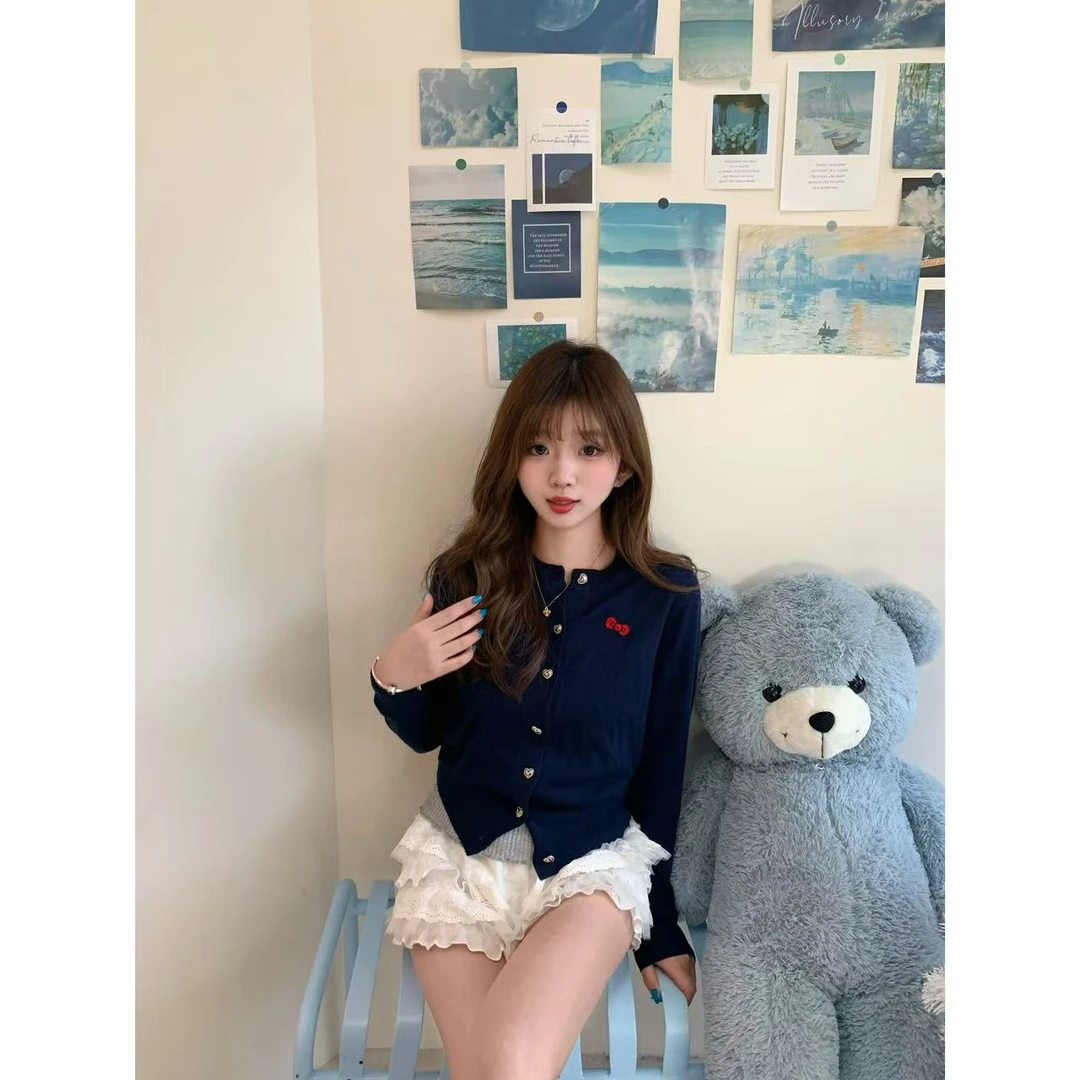 Una mattina 春上新宋妍霏同款藏青色修身弹力针织开衫