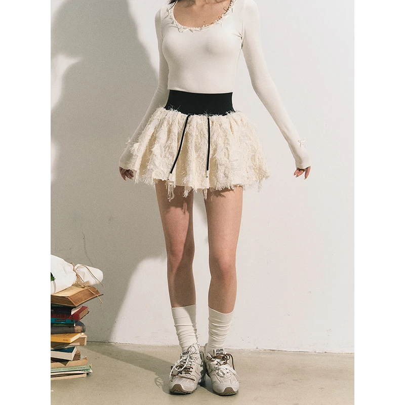 RECOIN R1C米色提花蓬蓬百搭半身裙47RSQ13