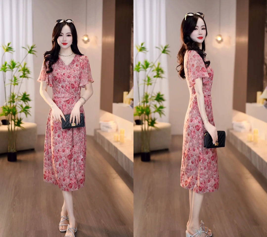 2025夏季新款桃粉色法式复古茶歇裙元气活力碎花连衣裙M-4XL