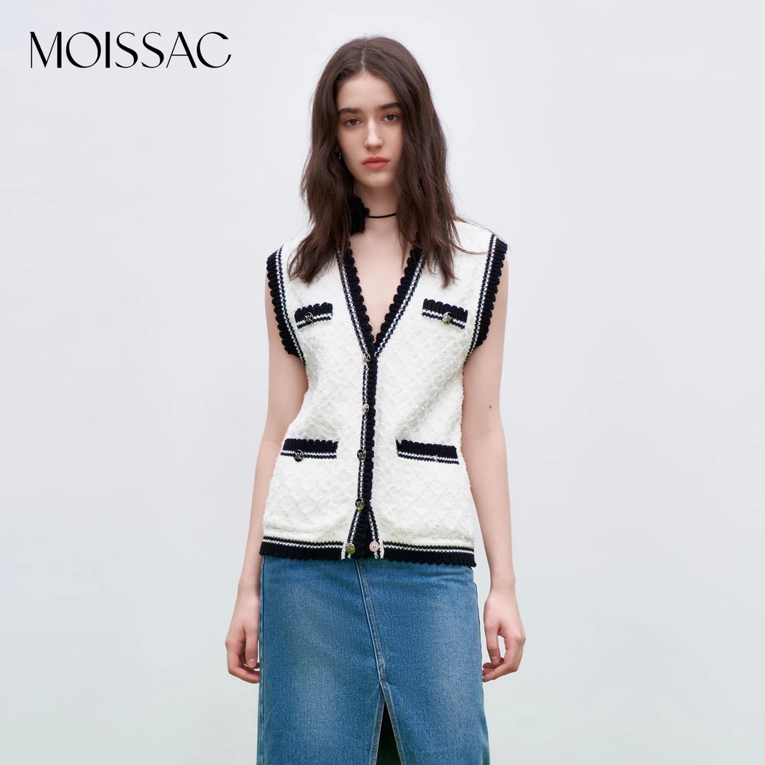MOISSAC/摩萨克 秋季小香风菱格绞花黑白撞色针织马甲MWDQ30901
