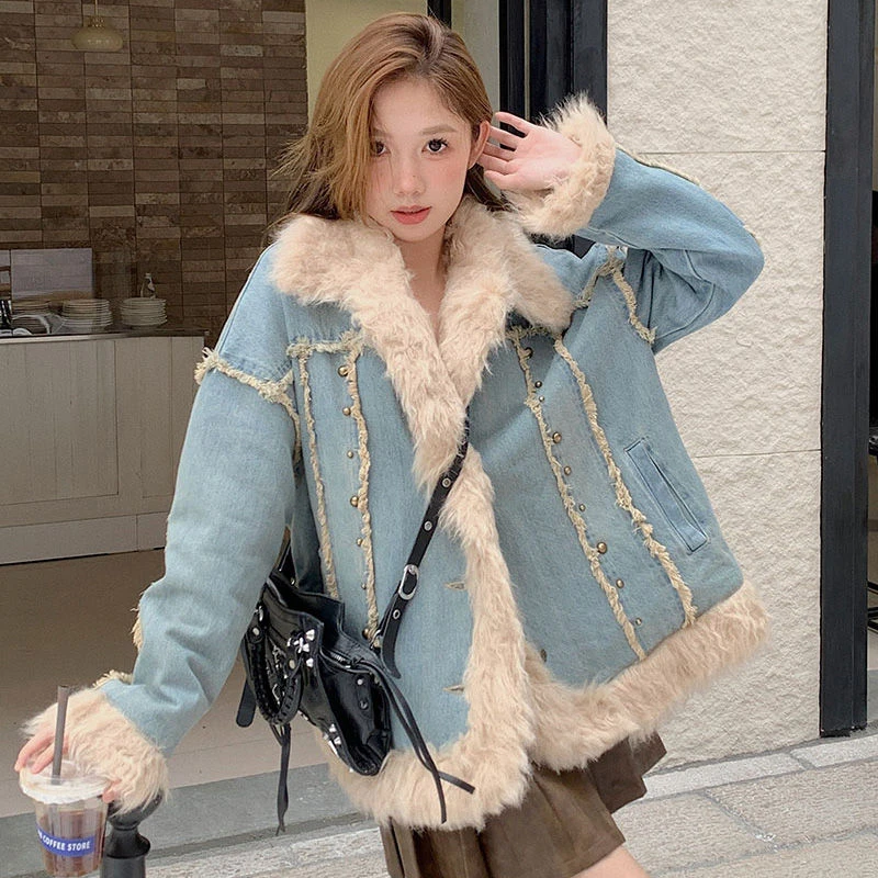 秋冬美式复古水洗牛仔毛毛外套女铆钉设计感毛毛棉服女冬季新款