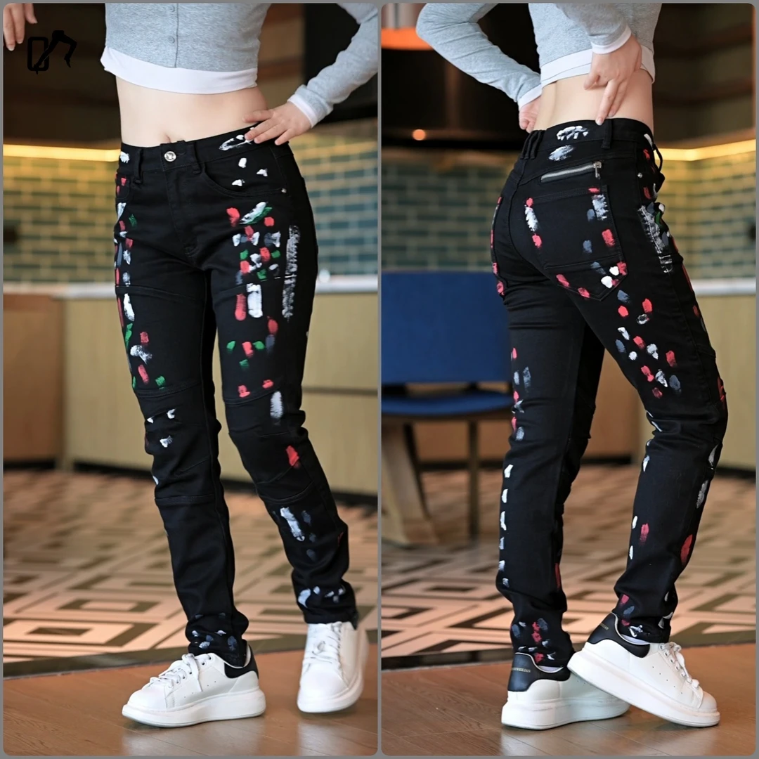 男士拼接泼墨修身小直筒牛仔裤潮牌黑色涂鸦弹力潮流个性机车裤男