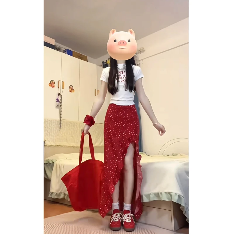 大码【夏日午后】红色不规则荷叶边半身裙字母印花短袖T恤甜辣穿搭