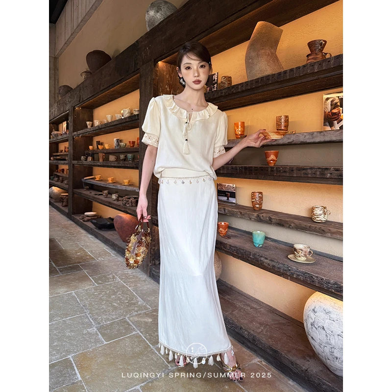 鹭青一原创【贝壳风铃】莱赛尔亚麻法式流苏A字半身裙 L25Q7435BB