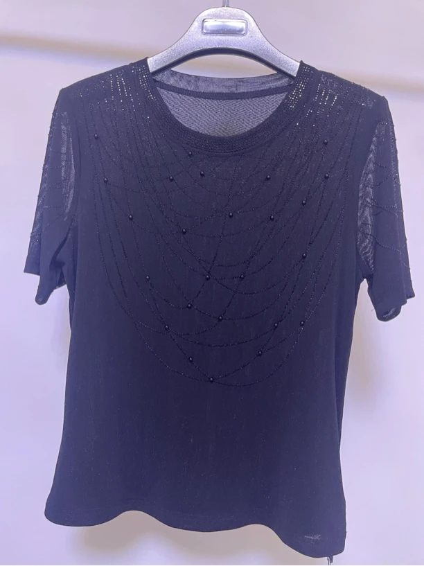 夏季新款蕾丝圆领带钻宽松短袖小衫