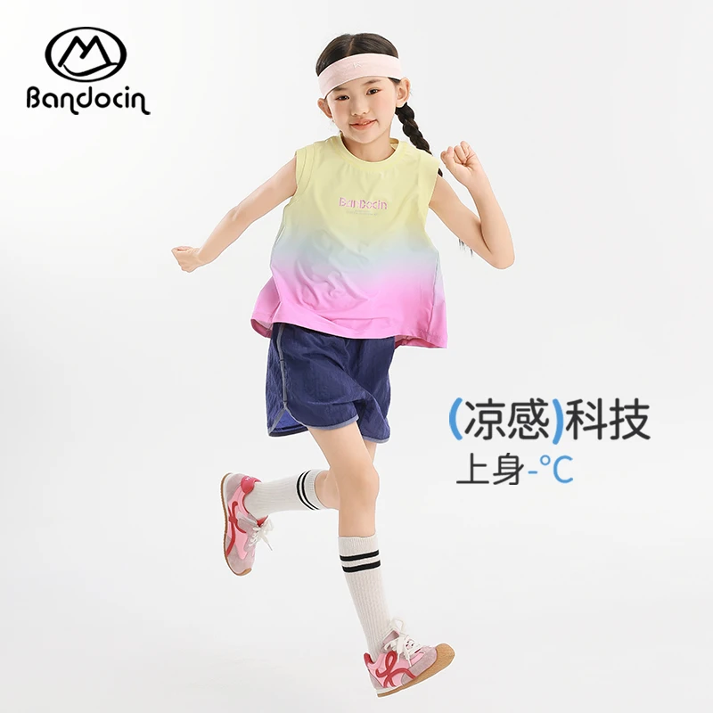 BANDOCIN/半度闲女孩户外出行女童凉快薄款超干爽无袖彩虹背心T恤